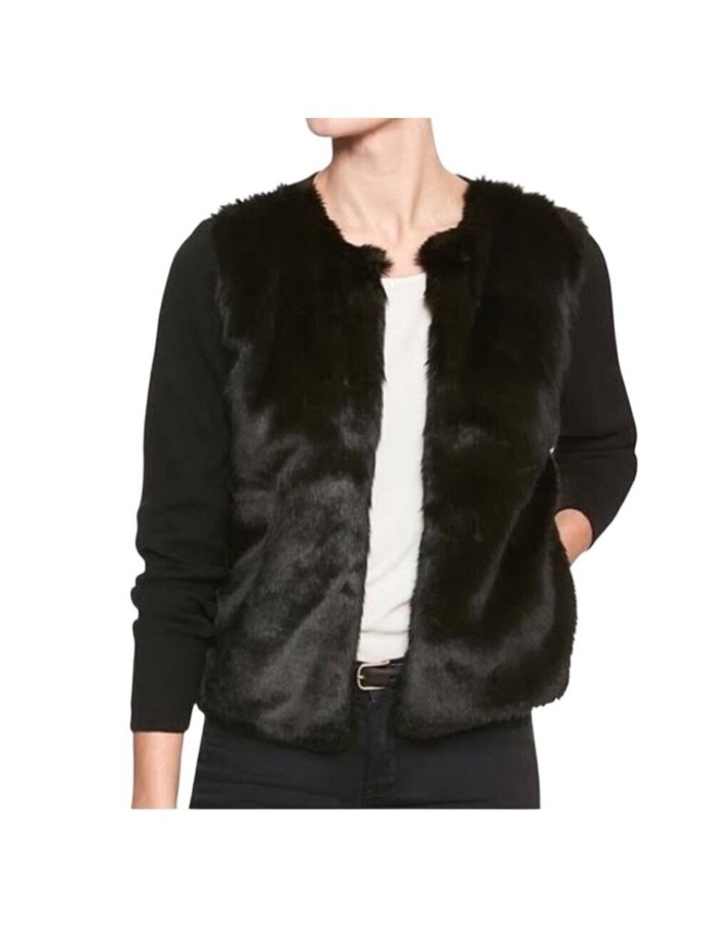 Banana Republic unique mixed media Black Faux Fur Front Open Cardigan Sweater PS